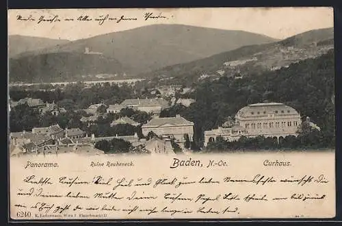 AK Baden /N.-Ö., Panorama mit Ruine Rauheneck u. Curhaus