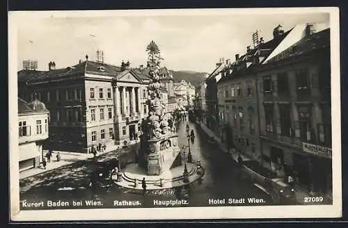 AK Baden bei Wien, Hauptplatz mit Säulendenkmal, Rathaus und Hotel Stadt Wien