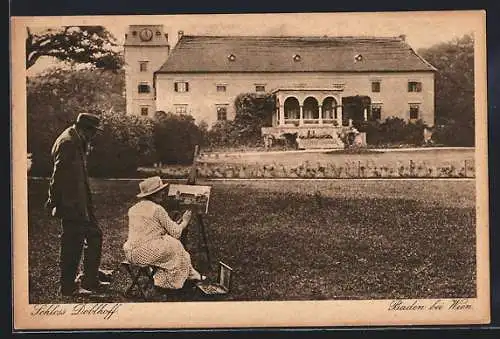 AK Baden bei Wien, Schloss Doblhoff und malende Frau