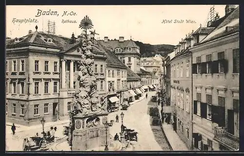 AK Baden, Hauptplatz mit Rathaus und Hotel Stadt Wien