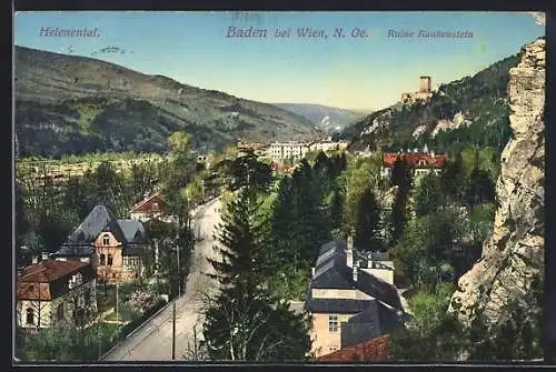 AK Baden bei Wien, Strassenpartie mit Ruine Rauhenstein im Helenental