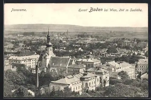 AK Baden, Totalansicht mit Stadtpfarrkirche, Stadttheater aus der Vogelschau