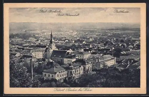 AK Baden bei Wien, Teilansicht mit Stadt-Pfarrkirche, Städtischer Kuranstalt und Stadttheater