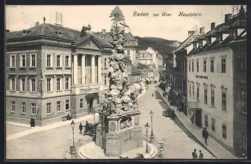 AK Baden bei Wien, Hauptplatz mit Hotel Stadt Wien und Denkmal