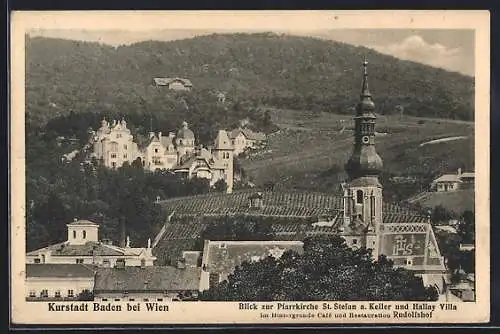 AK Baden bei Wien, Pfarrkirche St. Stefan a. Keller und Hallay Villa, Im Hintergrunde Cafe und Restaurant Rudolfshof