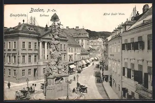 AK Baden, Hauptplatz mit Rathaus und Hotel Stadt Wien