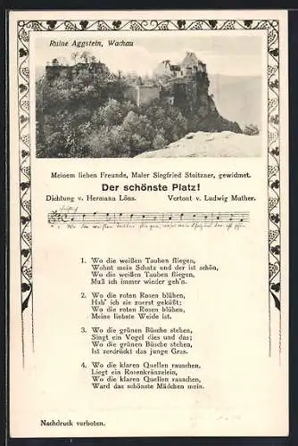 AK Aggstein /Wachau, Ruine Aggstein, Der schönste Platz!, Lied mit Noten