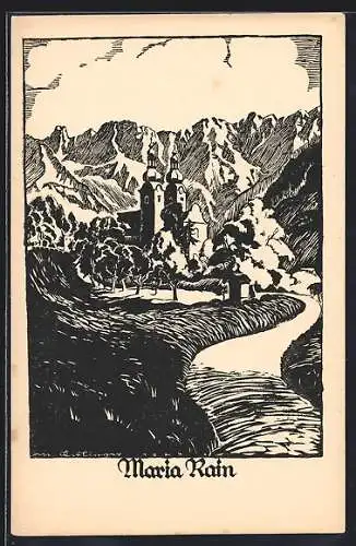 Künstler-AK Maria Rain, Kirche gegen das Gebirge betrachtet