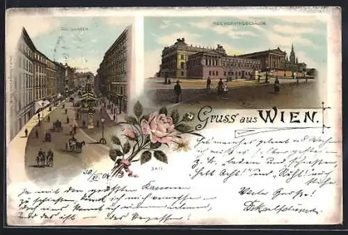 Lithographie Wien, Am Graben, Reichsratsgebäude