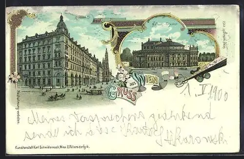 Lithographie Wien, Hofburg-Theater, Strassenpartie