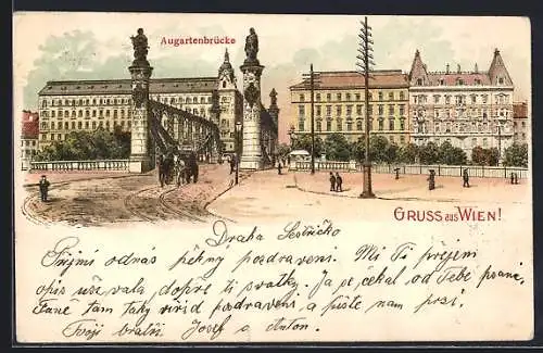 Lithographie Wien, Augartenbrücke mit Denkmal