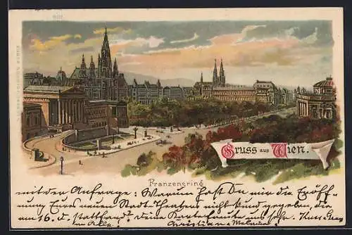 Lithographie Wien, Blick über den Franzensring mit dem Parlament aus der Vogelschau