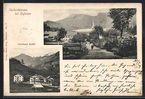 AK Thiersee /Tirol, Vorderthiersee, Gasthaus Koller, Ortspartie mit Wanderer