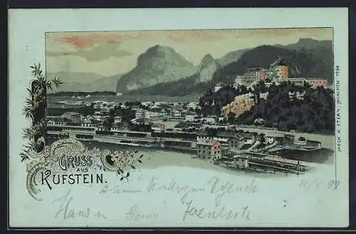 Mondschein-Lithographie Kufstein, Ortsansicht im Abendrot