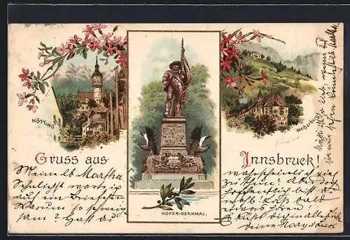 Lithographie Innsbruck, Hötting, Weiherburg, Hofer Denkmal