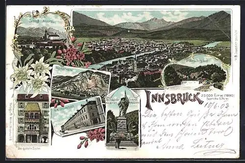 Lithographie Innsbruck, Martinswand, Universität, Hofer-Denkmal, Goldenes Dachel