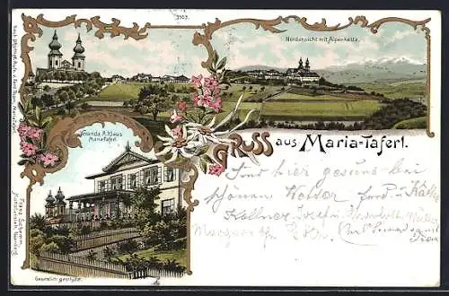 Lithographie Maria-Taferl, Nordansicht mit Alpenkette, Veranda A. Klaus, Blumen