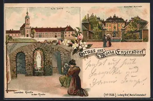 Lithographie Maria Enzersdorf, Alte Kirche, Schloss Hunyady, Lourdes Grotte in der Kirche um 1900