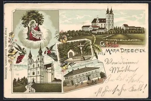 Lithographie Maria Dreieichen, Wallfahrtskirche, Gasthof Wacheihofer, Bründl