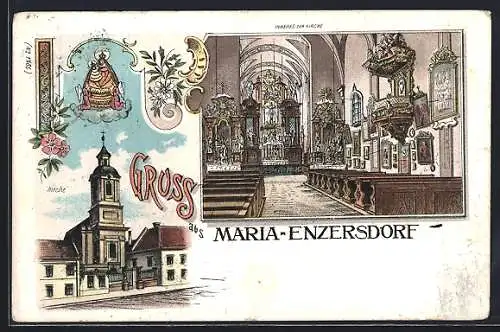 Lithographie Maria-Enzersdorf, Inneres der Kirche, Heiligenbild über der Kirche