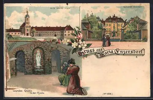 Lithographie Maria Enzersdorf, Alte Kirche, Schloss Hunyady, Lourdes Grotte in der Kirche um 1900