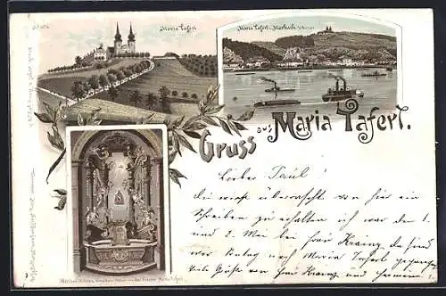 Lithographie Maria Taferl, Ortsausblick, Kirche und Gnaden-Altar