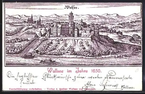 Künstler-AK Wallsee, Gesamtansicht vom Ort im Jahre 1650