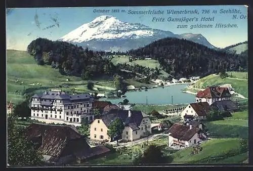 AK Wienerbruck, Fritz Gamsjägers Hotel zum goldenen Hirschen, Blick auf Oetscher