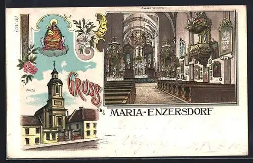 Lithographie Maria-Enzersdorf, Kirche mit Innenansicht