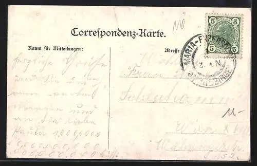 Lithographie Maria-Enzersdorf, Kirche mit Innenansicht