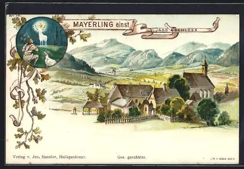 Lithographie Mayerling, Jagdschloss mit Umgebung, Hubertus-Hirsch