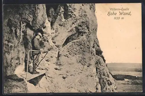 AK Hohe Wand, Völlerin-Quelle mit einem Bergsteiger