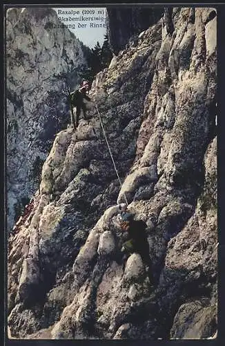 AK Raxalpe, Akademikersteig und Querung der Rinne mit Bergsteigern