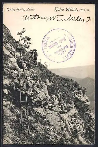 AK Hohe Wand, Bergsteiger mit Leiter am Springelsteig