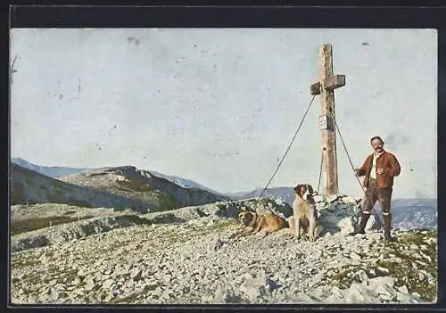 AK Preitnerwandkreuz und Mann mit zwei Bernhardinern am Raxplateau