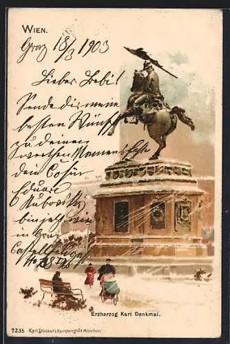 Lithographie Wien, Erzherzog Karl-Denkmal im Schnee