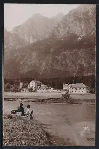 AK Gnadenwald, Hotel Wiesenhof mit Flusspartie