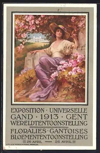 Künstler-AK Gand, Exposition Universelle 1913, Junge Dame mit Blumen, Festhalle