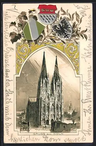 Passepartout-Lithographie Köln, Dom mit Stadtwappen