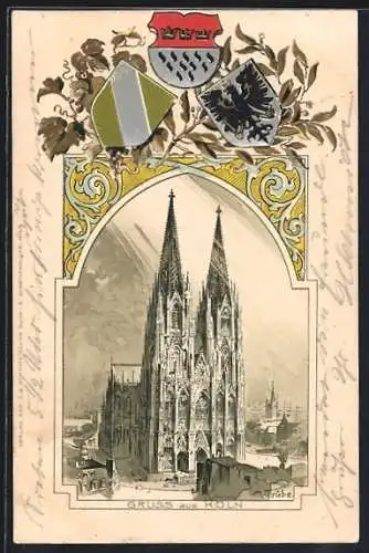 Passepartout-Lithographie Köln, Dom mit Stadtwappen