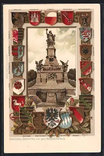 Passepartout-Lithographie Niederwald, das National-Denkmal, Wappen