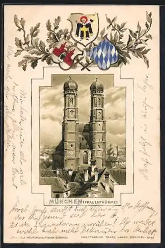 Passepartout-Lithographie München, Frauenthürme mit Wappen und Münchner Kindl