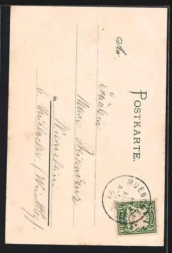 Passepartout-Lithographie München, Frauenthürme mit Wappen und Münchner Kindl