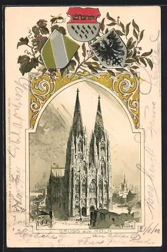 Passepartout-Lithographie Köln, Kölner Dom, Wappen, Lorbeerzweig