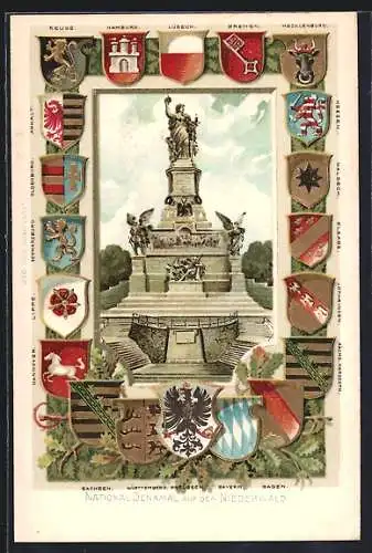 Passepartout-Lithographie Niederwald, das National-Denkmal, Wappen