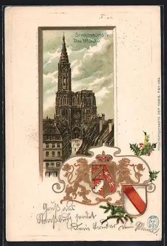 Passepartout-Lithographie Strassburg i. E., Münster im Stadtbild, Wappen