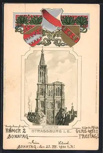 Passepartout-Lithographie Strassburg i. E., Ansicht vom Münster, Wappen