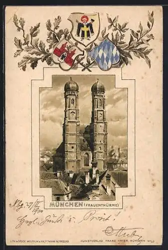 Passepartout-Lithographie München, Frauenthürme mit Wappen und Münchner Kindl
