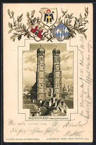 Passepartout-Lithographie München, Frauenthürme mit Wappen und Münchner Kindl