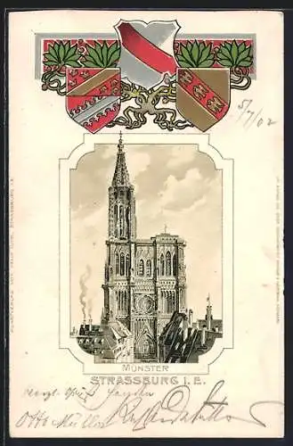Passepartout-Lithographie Strassburg, Blick zum Münster, Wappen